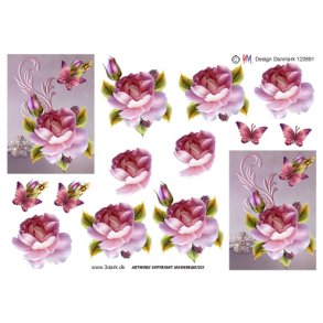 3D klippeark - Blomster, rose og sommerfugl i lilla farver