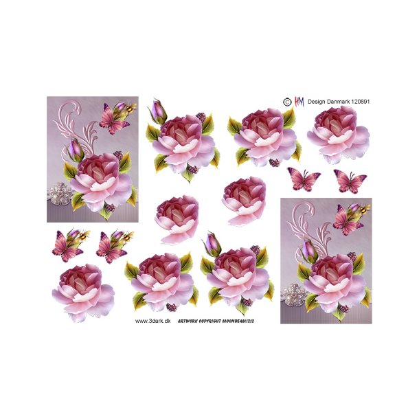 3D klippeark - Blomster, rose og sommerfugl i lilla farver