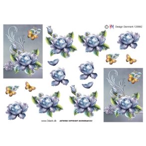 3D klippeark - Blomster, rose og sommerfugl i bl� farver