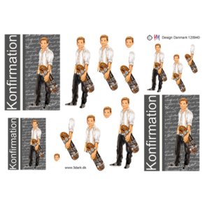 3D klippeark - Konfirmation. Dreng m/skateboard, sort/hvid baggrund