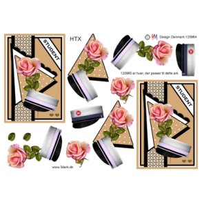 3D klippeark - Student, hue med hvidt bnd & beige baggrund+ bl HTX hue