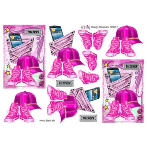 3D klippeark - Tj & Sko, Pink sneakers, kasket, jeanslomme m/mobil