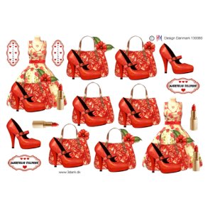 3D klippeark - Tj & Sko, Blomstret kjole, rd stilet, lbestift & hndtaske