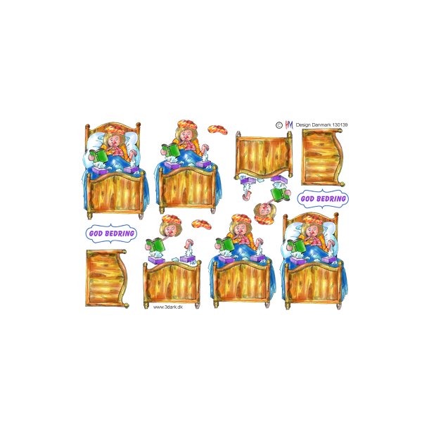 3D klippeark - Syg dame i sengen "God Bedring"