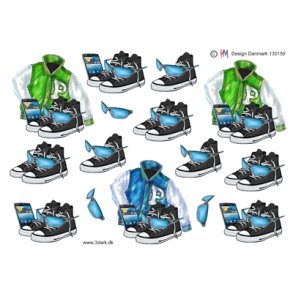 3D klippeark - Tj & Sko, Teenager tj i grn og bl, sportsjakke, sneakers, mobil