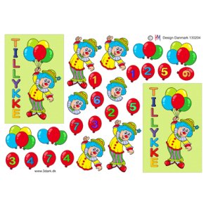 3D klippeark - Brnemotiver, Klovn m/balloner, fdselsdagskort 1-7 r