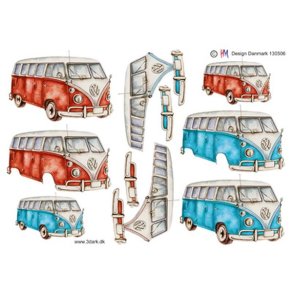 3D klippeark - Biler; Minibus/rugbr�d, VW folkevogn i bl� og r�d