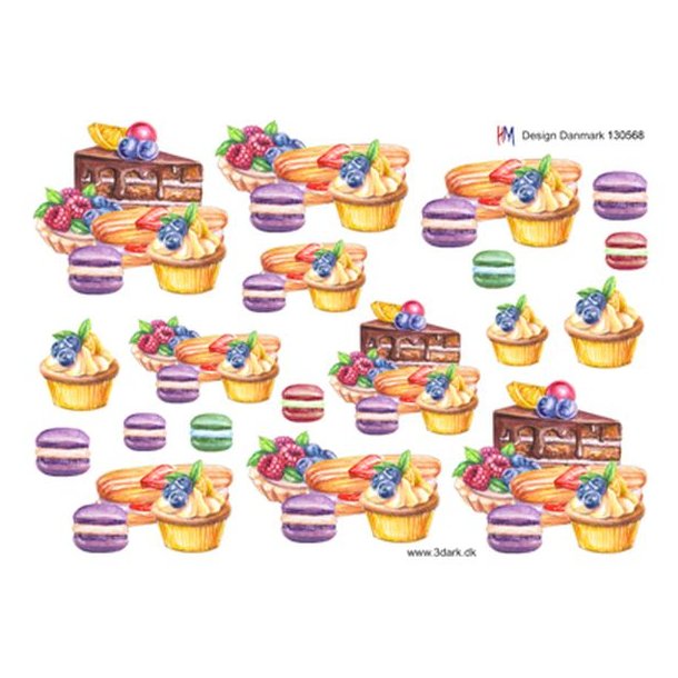 3D klippeark - Kager; lagkage, muffins, macarons