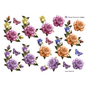 3D klippeark - Blomster, 3 sm rosen-hjrner, pink, lilla & ferskenfarvet, passer til HM130644