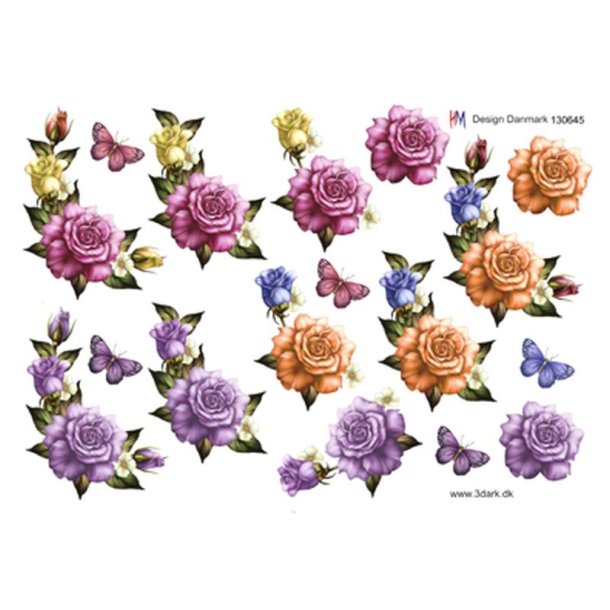 3D klippeark - Blomster, 3 sm rosen-hjrner, pink, lilla &amp; ferskenfarvet