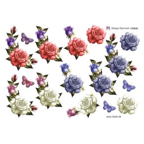 3D klippeark - Blomster, 3 sm rosen-hjrner, bl, hvid & rd