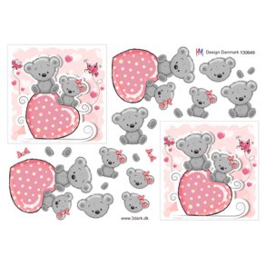 3D klippeark - Baby; S�de bamser sidder p� stort lyser�dt hjerte