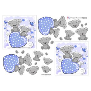 3D klippeark - Baby; S�de bamser sidder p� stort lysebl�t hjerte