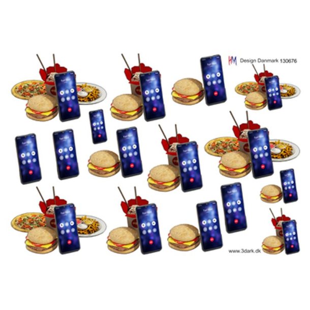 3D klippeark - Fast food &amp; mobil; burger, pizza, pommes frites og nudler