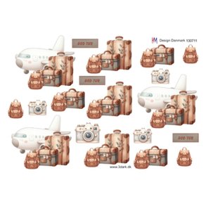 3D klippeark - Rejseklar med pakkede kufferter & flyvemaskine