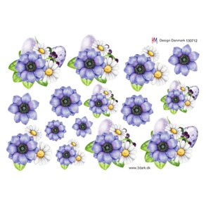 3D klippeark - Blomster, smukke lilla og hvide blomster & matchende pskeg i baggrunden