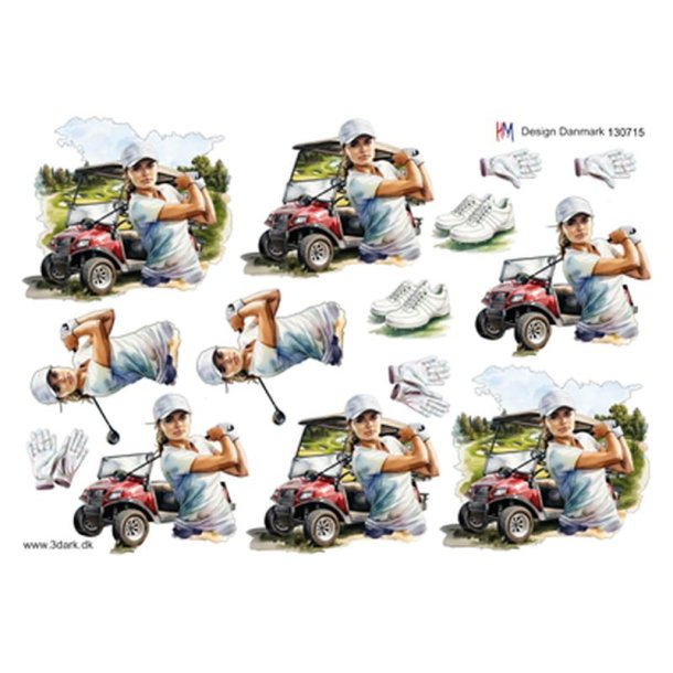 3D klippeark - Golf, kvindelig golfspiller &amp; golfvogn