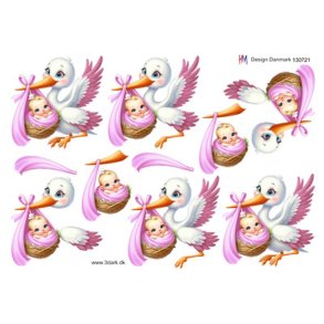 3D klippeark - Baby; Storken flyver med baby, lyser�de farver