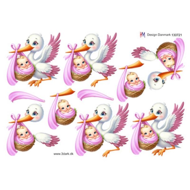 3D klippeark - Baby; Storken flyver med baby, lyserde farver