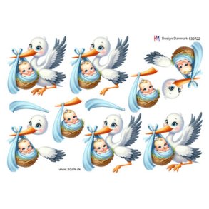 3D klippeark - Baby; Storken flyver med baby, lysebl� farver