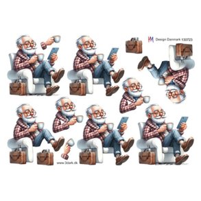 3D klippeark - ldre herre hygger med kaffe & mobil i lnestol