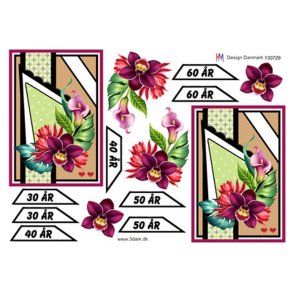 3D klippeark - Fdselsdagskort til 30 - 40 - 50 - 60 r m/blomster i rde/pink farver