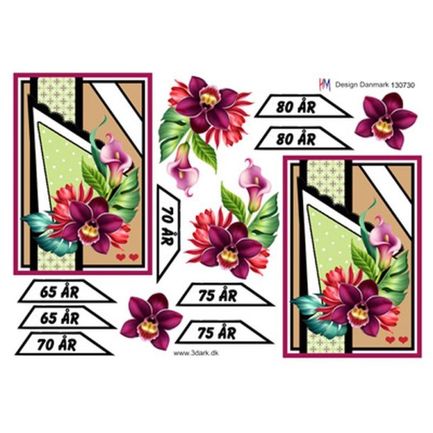 3D klippeark - Fdselsdagskort til 65 - 70 - 75 - 80 r m/blomster i rde/pink farver