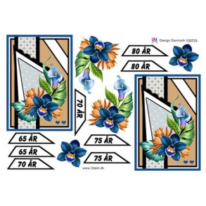 3D klippeark - Fdselsdagskort til 65 - 70 - 75 - 80 r m/blomster i bl farver
