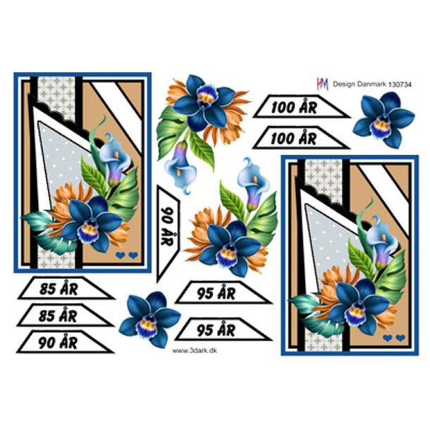 3D klippeark - Fdselsdagskort til 85 - 90 - 95 - 100 r m/blomster i bl farver