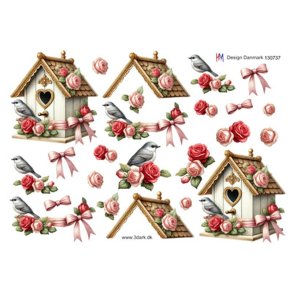 3D klippeark - Lille fugl ved smukt fuglehus pyntet med roser