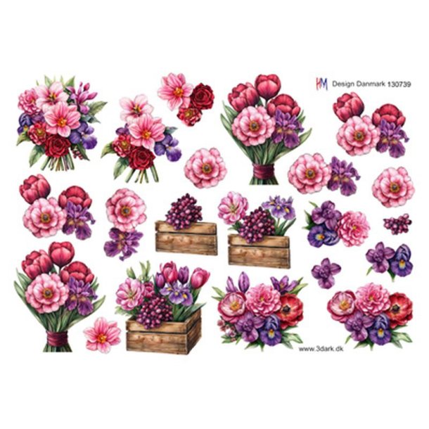 3D klippeark - Blomster, knne pink &amp; lilla blomster, sm motiver
