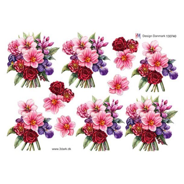3D klippeark - Blomster, knne pink &amp; lilla blomsterbuketter