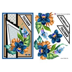 3D klippeark - Slvbryllup m/blomster i bl farver, Telegram