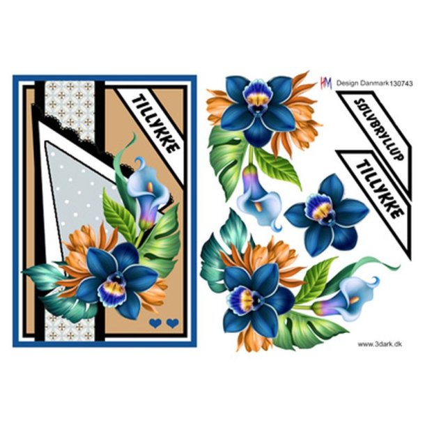 3D klippeark - Slvbryllup m/blomster i bl farver, Telegram