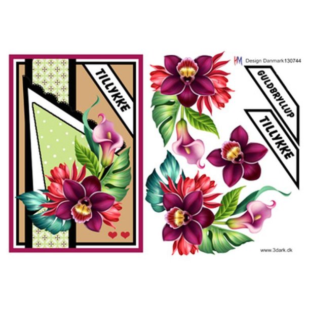 3D klippeark - Guldbryllup m/blomster i rde/pink farver, Telegram