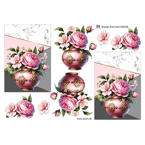 3D klippeark - Blomster, knne lyserde blomster i pink vase