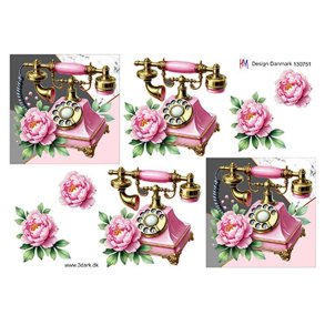 3D klippeark - Blomster, lyserd pon og smuk vintage telefon