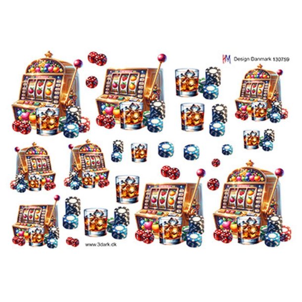 3D klippeark - Spillemaskine, terninger, jetoner &amp; drink