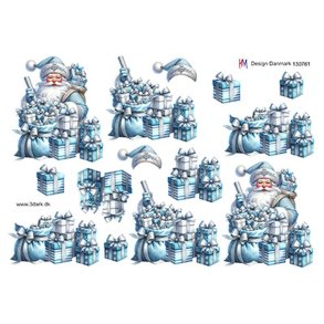 3D klippeark - Jul, Julemand m/masser af pakker, isbl�/s�lv farver