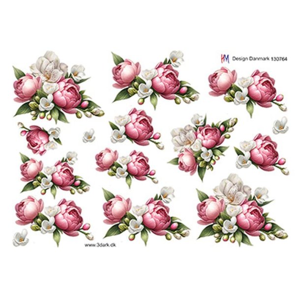 3D klippeark - Blomster, pink og hvide bonderoser