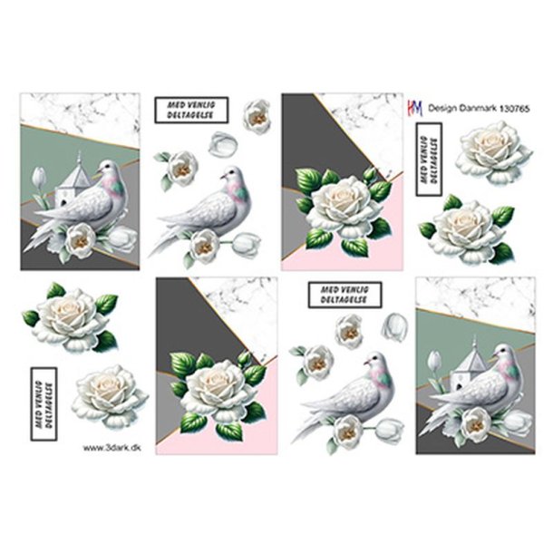 3D klippeark - Kondolance, hvide motiver med due eller rose