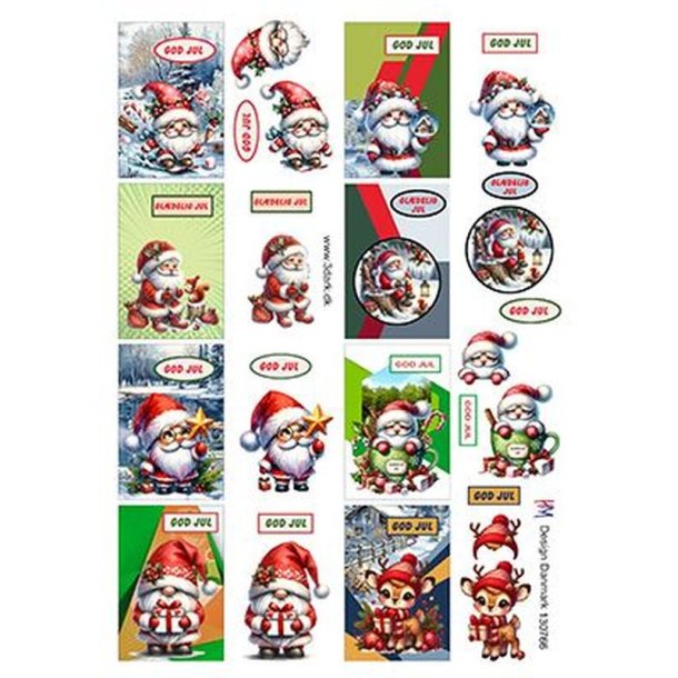3D Klippeark - 8 julemotiver m/julemnd til sm kort fx til-og-fra kort