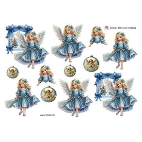 3D klippeark - Jul; Engel i bl� farver