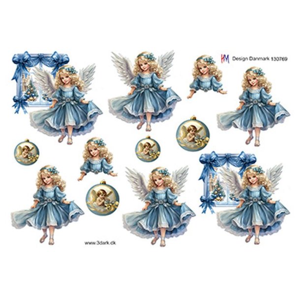 3D klippeark - Jul; Engel i bl farver