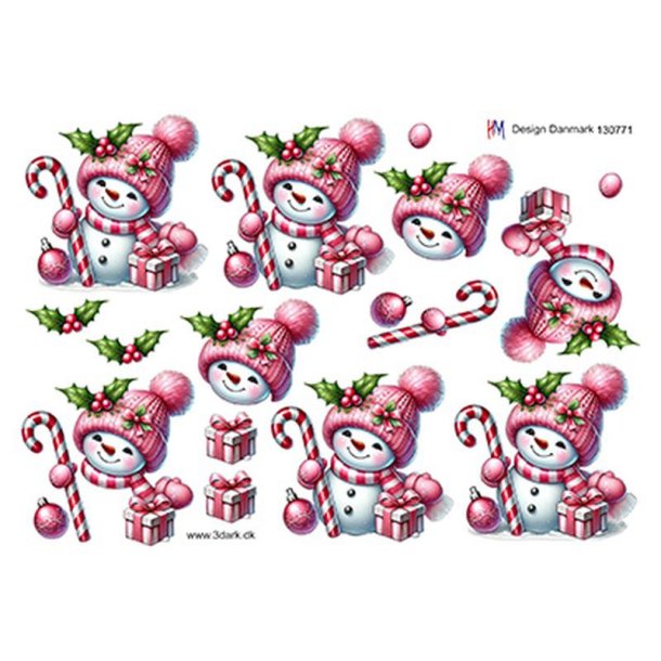 3D klippeark - Jul; Sd snemand med slikstok &amp; pink hue