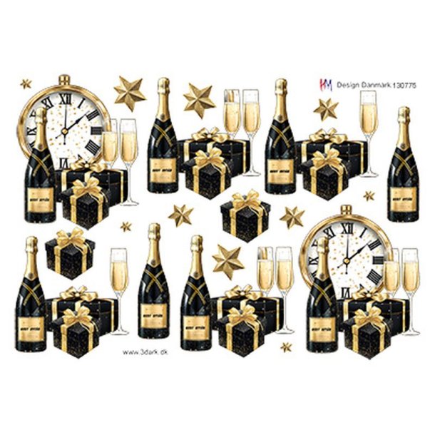 3D klippeark - Nytr; Champagne, pakker og klokken