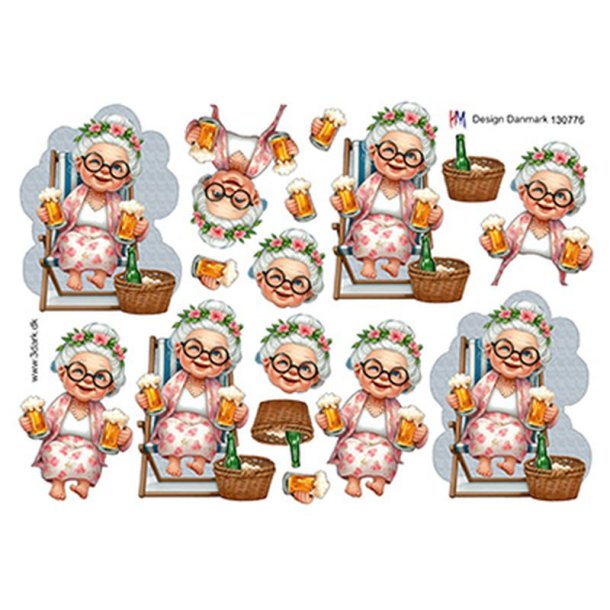 3D klippeark - ldre dame i liggestol med skummende fadl