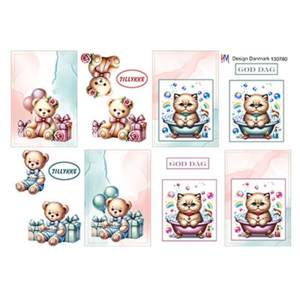 3D klippeark - Sm motiver (A7 str.) m/bamser, balloner og katte