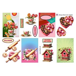 3D klippeark - Sm motiver (A7 str.) m/blomster, chokolade, fuglehus & kagerulle