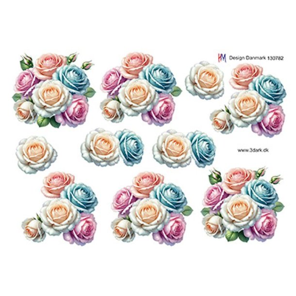 3D klippeark - Blomster, pastelfarvede roser
